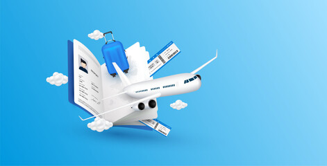 Airplane is taking off from passport. Luggage blue, air ticket and cloud float away. For media tourism advertising banner design. Holiday travel and Transport concept. 3D Vector EPS10.