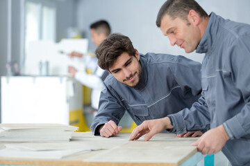 an apprentice observing woodworking trainer