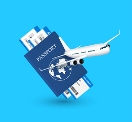 Ticket inside passport with a blue cover with air plane is flying front. Isolated on blue background. For travel international tourism advertising design. 3D Vector EPS10. © Adisak