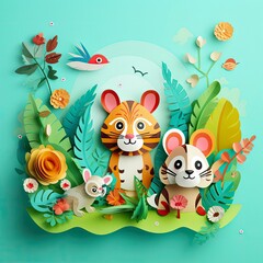 Naklejka premium colorful, funny animals running, simple paper cut animation for kids-art