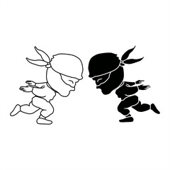 silhouette and line art illustration of two little ninjas running fast facing each other