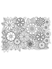 Outline vector drawing of flowers for adult coloring books. Page of floral pattern in black and white