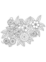 Outline vector drawing of flowers for adult coloring books. Page of floral pattern in black and white