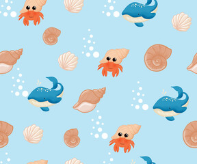 Seamless Pattern hand drawn illustration of a Crab, shell  and Whale Underwater, Undersea on blue Background