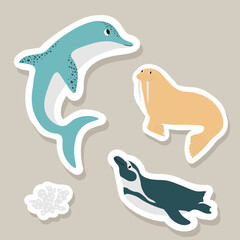 Cute vector stickers set with dolphin, walrus, penguin, corals.Underwater cartoon creatures.Marine animals.Cute ocean illustration for fabric, childrens clothing,book, postcard,wrapping paper