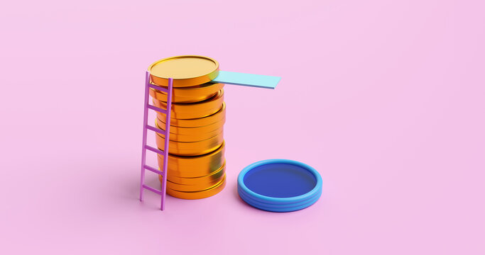A diving tower in the form of gold coins, an inflatable pool with water, the concept of falling the value of currencies in the forex market, 3d rendering