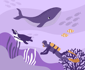 Vector ocean illustration with diver, penguin, clown fish, algae, corals.Underwater marine animals. Diving. Ecology design for banner,flyer,postcard, website design,poster