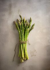 Bunch of fresh asparagus on rustic background. Generative AI