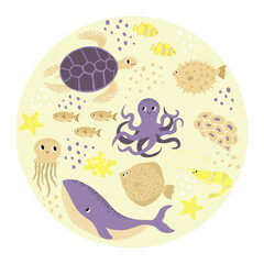 Vector ocean illustration with whale, octopus, turtle, flounder, shrimp, clown fish, starfish.Underwater marine animals.Ecology design for banner,flyer,postcard, website design,t-shirt,poster