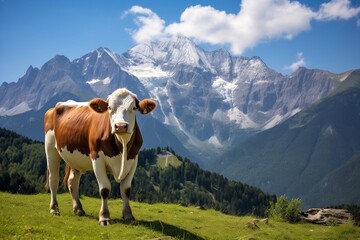 Fototapeta na wymiar Alpine Serenity Grazing Cow on Meadow Pasture with Julian. Generative AI