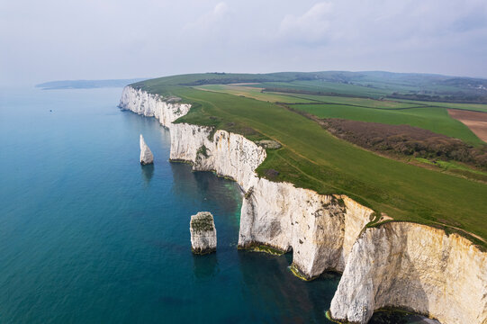 Aerial view of the white cliffs of Old Harry Rocks, Jurassic Coast, UNESCO World Heritage Site, Studland, Dorset, England