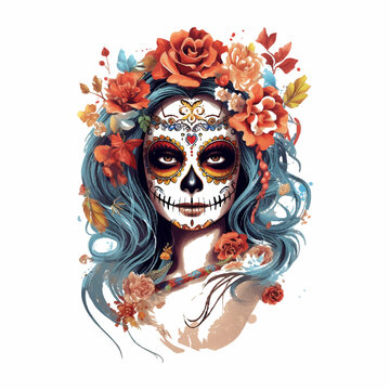 Dia de los muertos. Day of The Dead. Woman with sugar skull makeup, Vector illustration