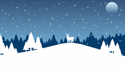 Winter landscape vector illustration. Winter background with deer and pine forest at the snow hill. Silhouette of cold season landscape for background, wallpaper, display or landing page