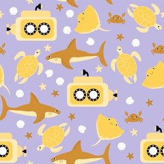 Vector seamless pattern with shark, submarine, turtle, crab, devil fish.Underwater cartoon creatures.Marine background.Cute ocean pattern for fabric, childrens clothing,textiles,wrapping paper