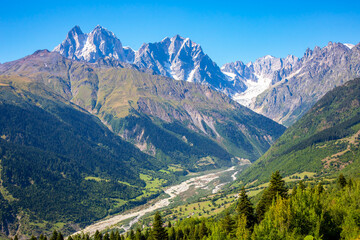 glacier in the Caucasus mountain range in Georgia. Mountain landscape