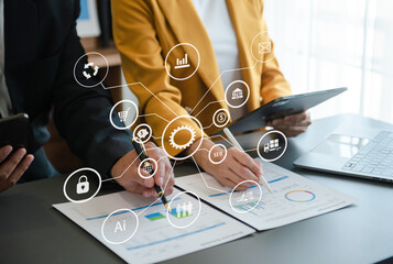 Co working team meeting concept,business with smart phone and laptop and digital tablet computer in office with virtual interface icons