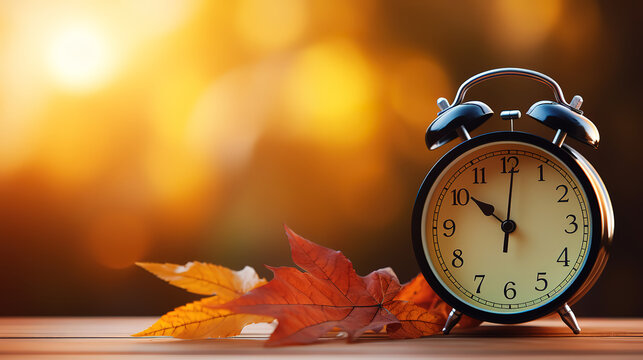 Alarm clock and autumn leaves on wooden background. Generative Ai