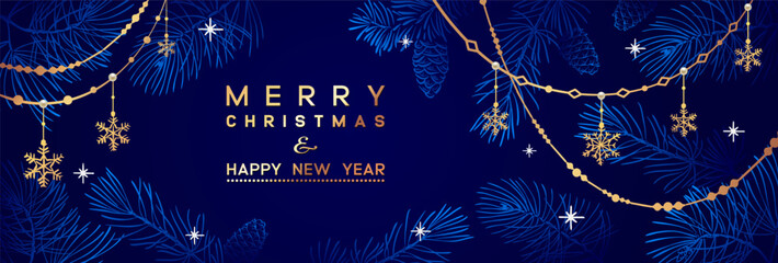 Christmas Poster with golden pine branches on dark blue background. New year illustration. Winter design. - 620966741