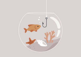 Absurd fishing concept, A round fish tank with corals and sea shells inside, a gullible goldfish curious about a metal hook