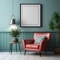Living room with customizable picture frame, generative ai