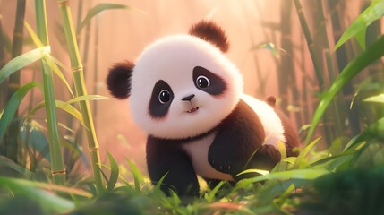 Baby panda sitting among bamboo forest