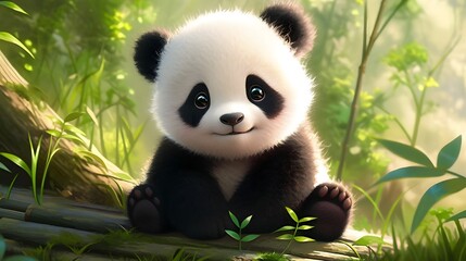 Baby panda sitting among bamboo forest
