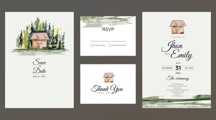 wedding invitation, watercolor small house in the village