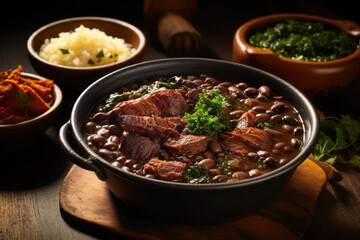 feijoada on wooden table, traditional brazilian food