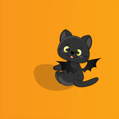 Cute black kitten with bat wings dark yellow  background	