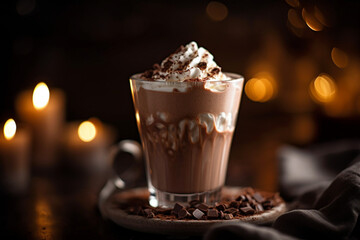 A rich and creamy hot chocolate with chocolate shavings, Drinks, bokeh Generative AI
