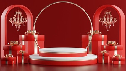 3d rendering illustration podium winter christmas festival with christmas tree,santa claus,gift boxes, ribbon,ball,snow,product, promotion sale, presentation pedestal 3d rendering on background color.