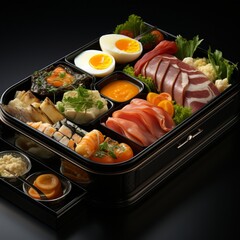 a bento box with 10 compartments filled with luxurious. IMAGE AI