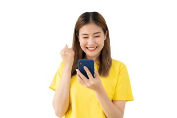Asian beautiful woman exited surprise face expression . female feels shocked with the phone. exciting smile and happy adorable rejoices. Very enjoy and fun relax time. wow, girl holding smartphone.