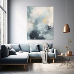 Morning light inside  a hotel room. gray sofa with low table and lamp. image ai