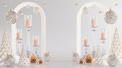 3d rendering illustration podium winter christmas festival with christmas tree,santa claus,gift boxes, ribbon,ball,snow,product, promotion sale, presentation pedestal 3d rendering on background color.