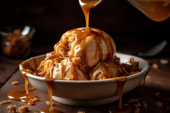 A bowl of caramel swirl ice cream with a caramel drizzle, Ice cream, Generative AI