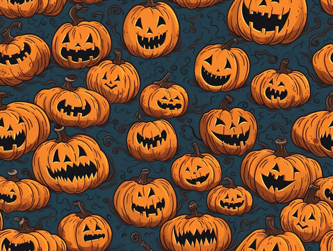 Smiling scary orange Halloween pumpkins, drawing, template, ppattern, Generative AI, generative artificial intelligence