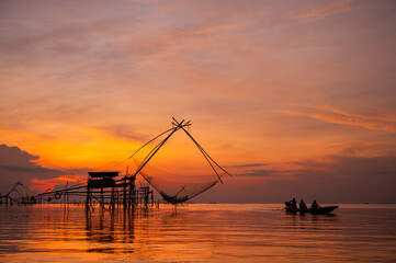 Fototapeta na wymiar Giant Yok Yor is the fishermen's way of catching fish at Klong Pakpra, Phatthalung Thailand.