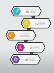 vertical round hexagon steps timeline infographic element report background with business line icon 5 steps