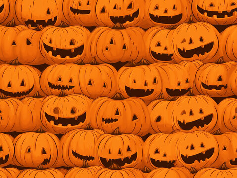 Smiling scary orange Halloween pumpkins, drawing, template, ppattern, Generative AI, generative artificial intelligence