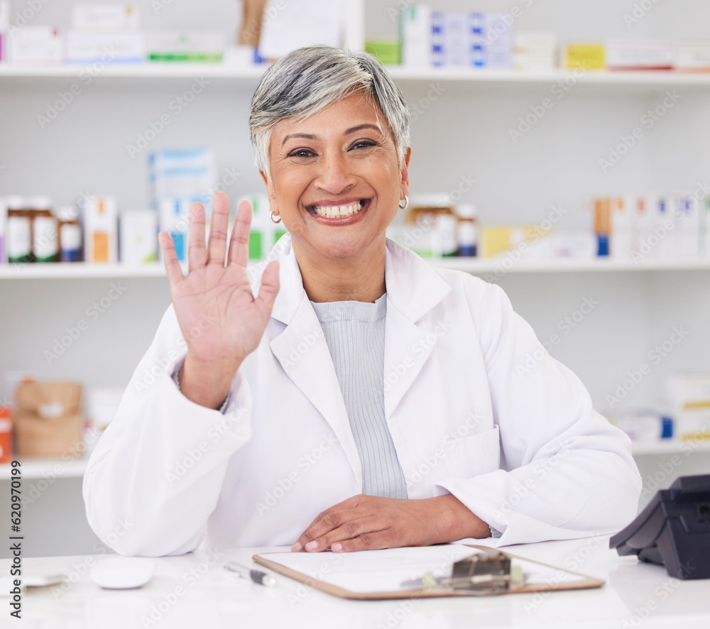 Wall mural Pharmacist, portrait and hand of woman for hello at pharmacy counter for friendly service with a smile. Mature female employee in healthcare, pharmaceutical and medical industry for medicine retail