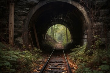 Fototapeta na wymiar gloomy abandoned railway tunnel in the autumn forest. generated ai