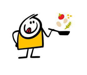Cartoon stickman cook holds a frying pan and ingredients for scrambled eggs in his hand. Vector illustration of a boy cooking eggs in a restaurant.