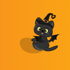 Cute black kitten with bat wings and witch hat dark yellow background	
