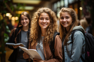 Obraz premium A group of friends studying together in the library, School, Back to School Generative AI