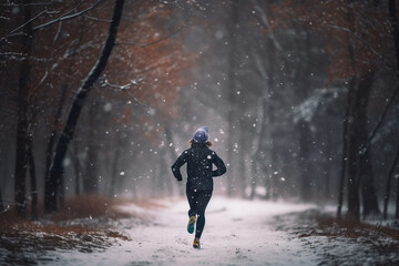 Fototapeta premium An athlete running from behind on a snowy trail with a bokeh background of snowflakes falling Athlete running, bokeh Generative AI