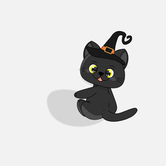 Cute black kitten with witch hat white background	
