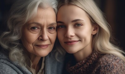 Young woman with older mother cuddling together, generative AI
