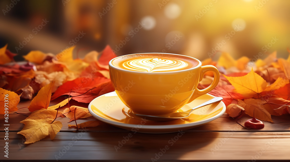 Wall mural closeup shot of a cup of coffee and autumn leaves on wooden background. generative ai