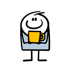 Cozy boy holds a yellow mug with hot coffee or tea. Vector illustration of a homemade drink and a stick man.